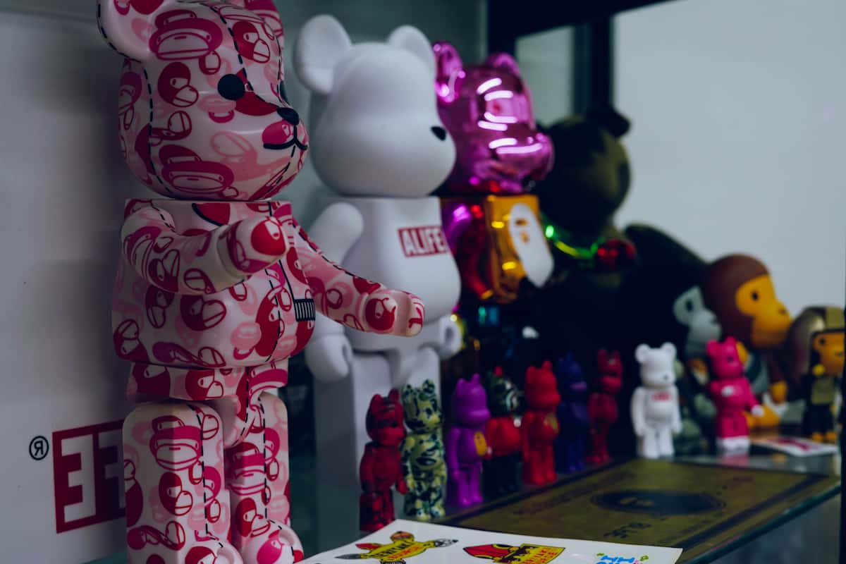 A row of popular bearbrick collaborations including BAPE and Alife