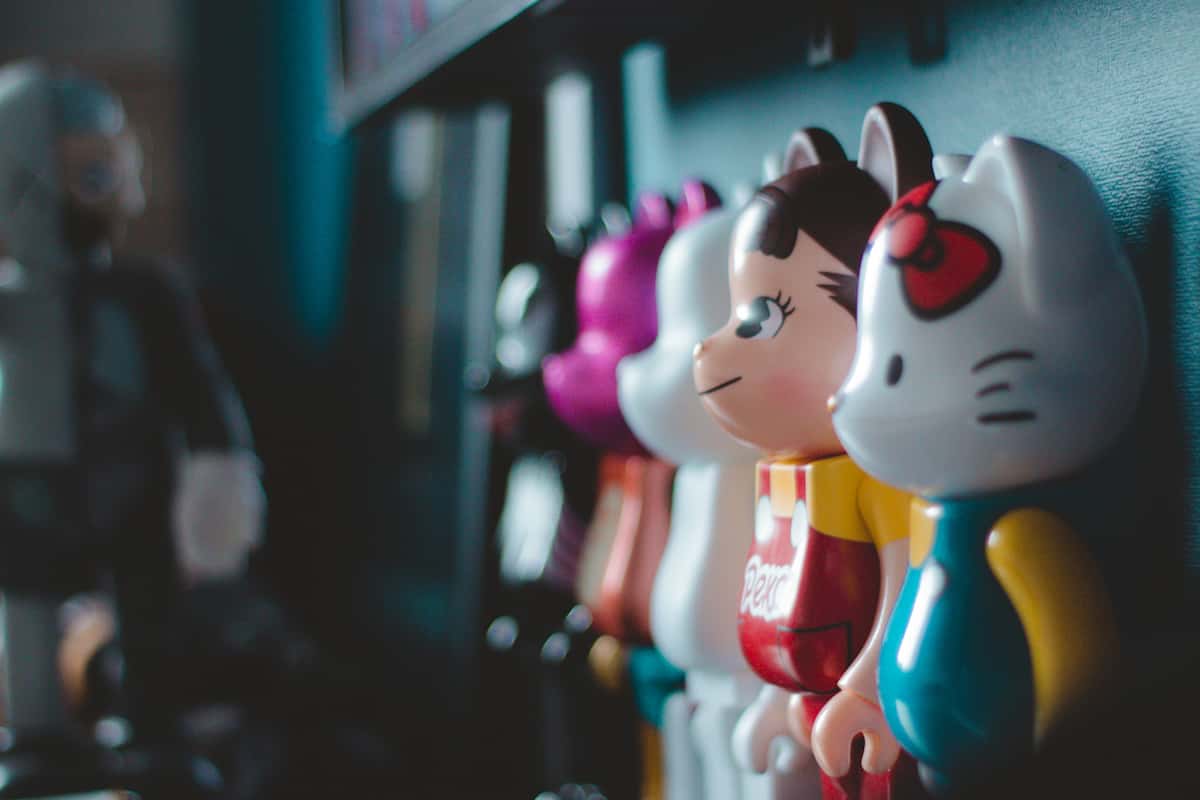 A row of popular bearbrick collaborations including Hello Kitty